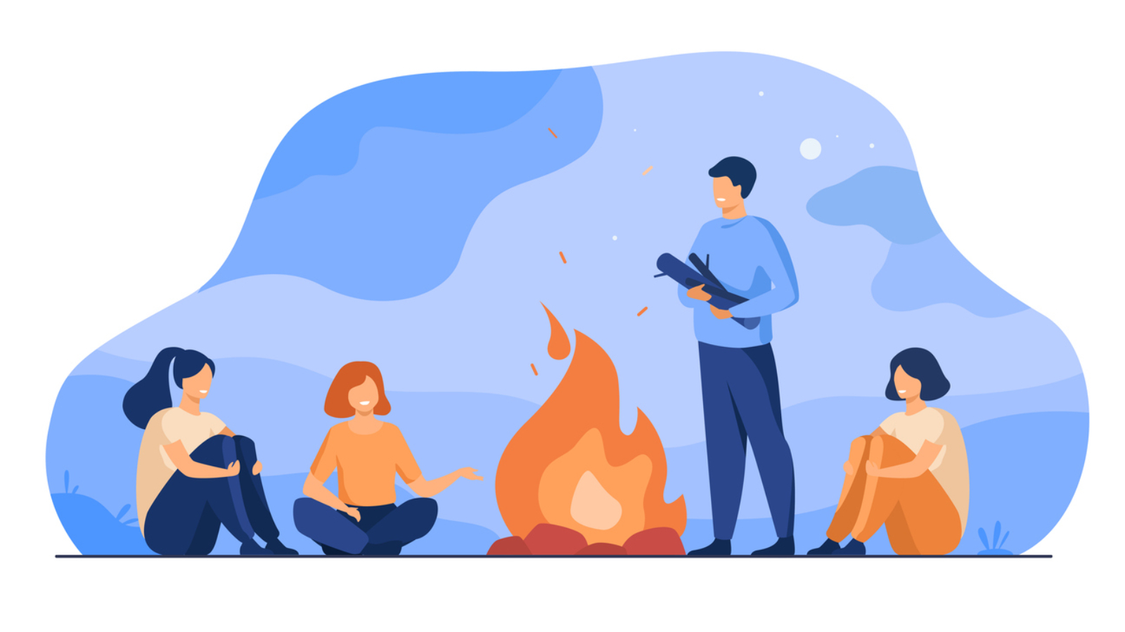 Campfire, camping, story telling concept. Cheerful people sitting at fire, telling scary stories, having fun. For summer outdoor activities or leisure time with friends topics