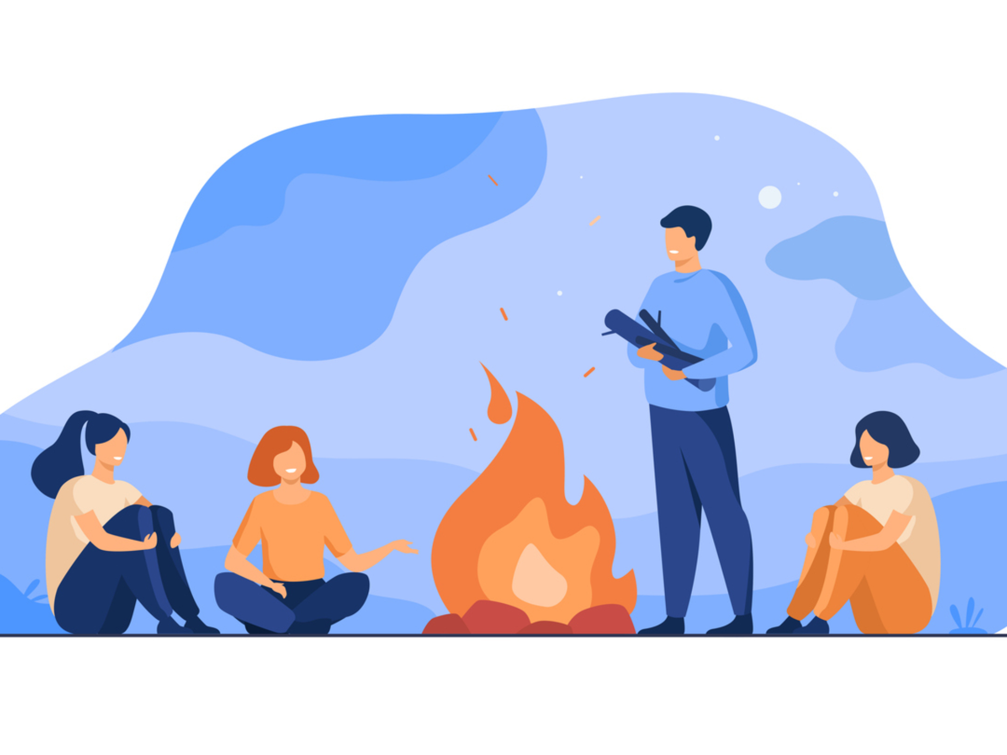 Campfire, camping, story telling concept. Cheerful people sitting at fire, telling scary stories, having fun. For summer outdoor activities or leisure time with friends topics