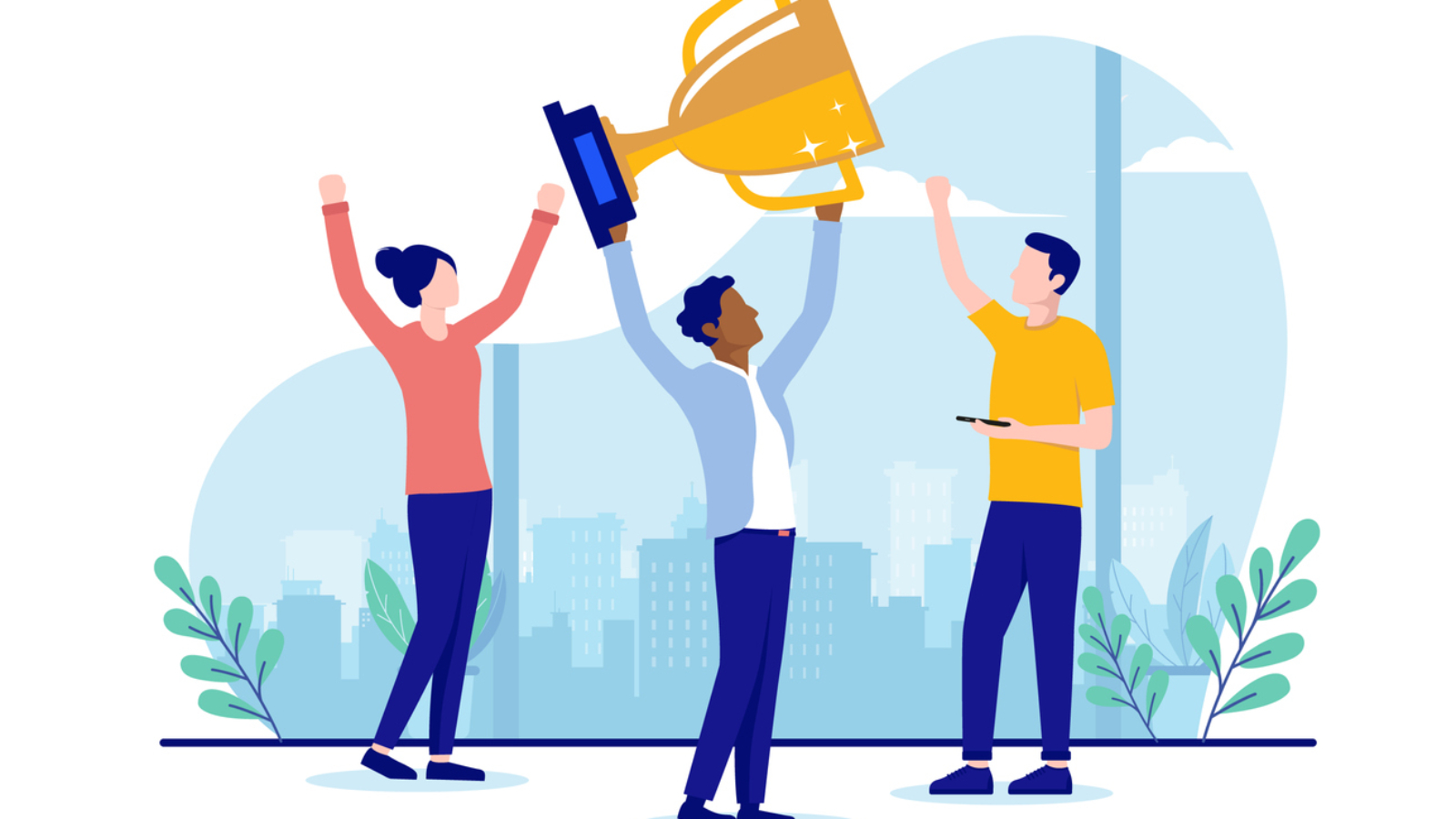 Businesspeople cheering and winning trophy with hands in air. Winners and success concept. Flat design vector illustration with white background