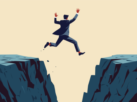 Vector illustration of businessman jumping over the abyss, financial risk, hallenge, success and leadership concept