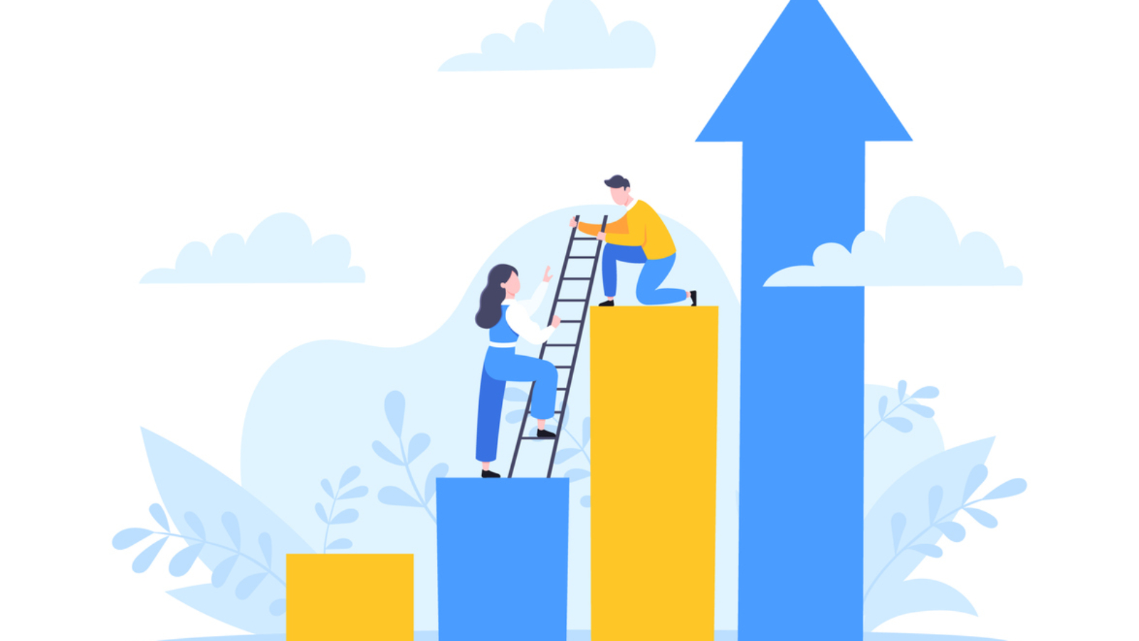 Business mentor helps to improve career and holding stairs steps vector illustration. Mentorship, upskills, climb help and self development strategy flat style design business concept.