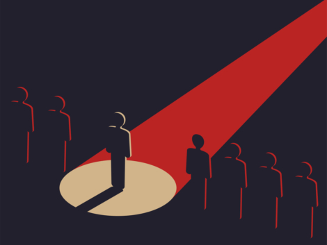 People row with spotlight highlighted one - Recruitment or leadership concept. Creative visualization of people challenge competition